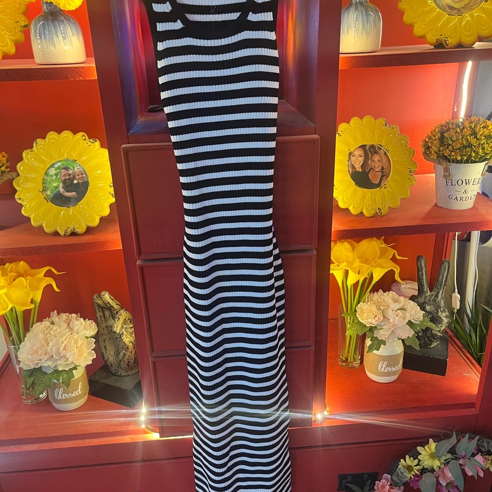 Michael Kors Black and White Striped Ribbed Maxi Dress